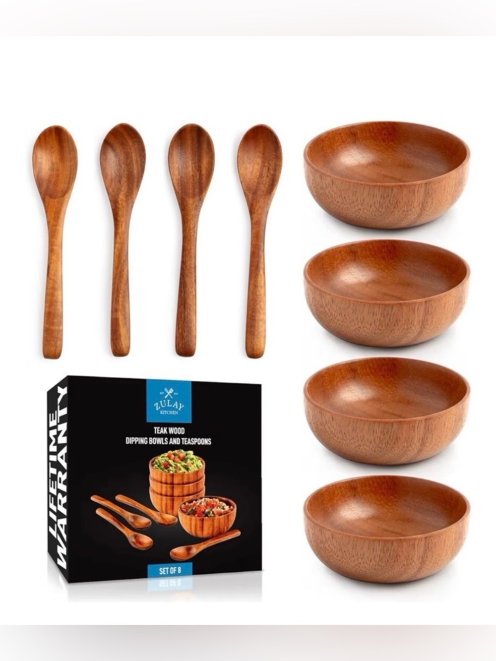 NEW IN BOX- Teak Wood Dipping Bowls & Spoon Set of 8
